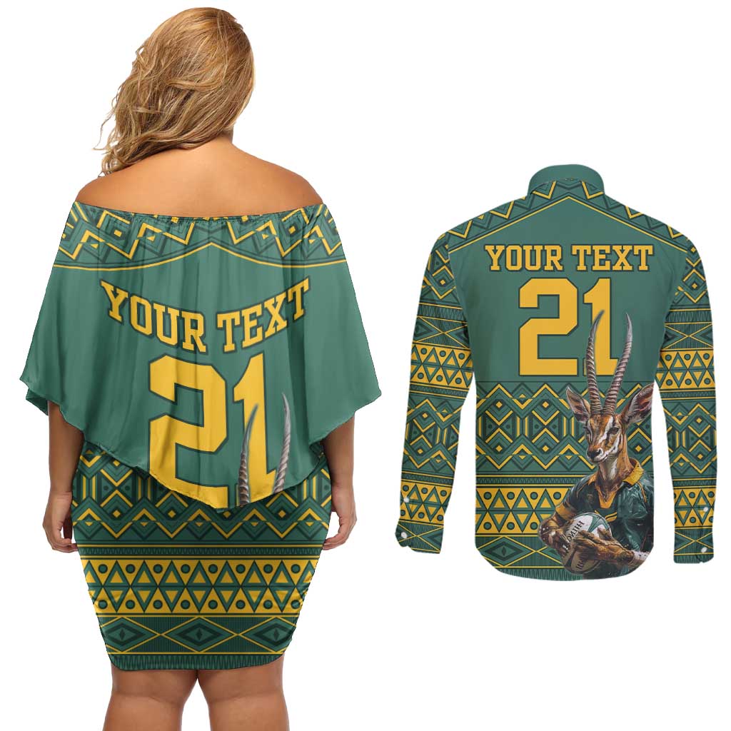 Custom South Africa Rugby Bokke Mascot Couples Matching Off Shoulder Short Dress and Long Sleeve Button Shirt With Flag Style LT9 - Wonder Print Shop