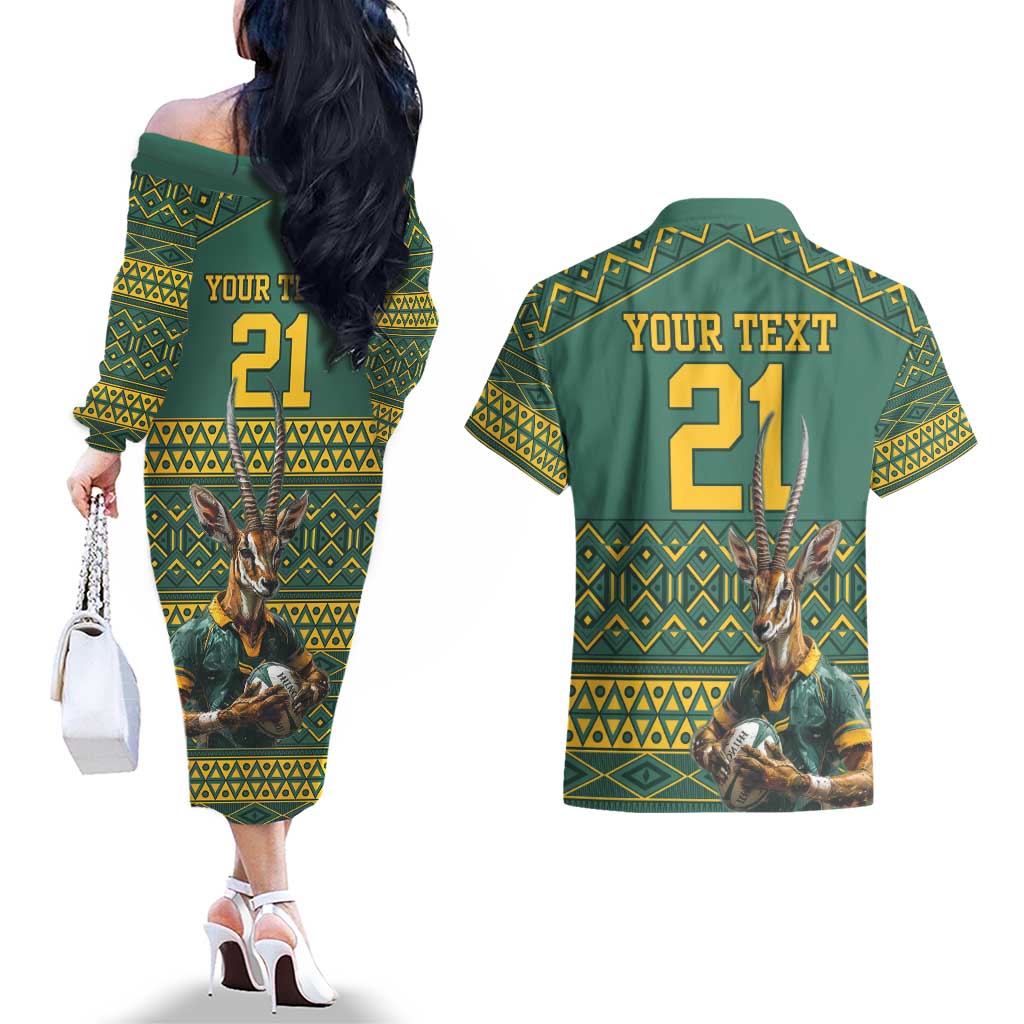 Custom South Africa Rugby Bokke Mascot Couples Matching Off The Shoulder Long Sleeve Dress and Hawaiian Shirt With Flag Style LT9 - Wonder Print Shop