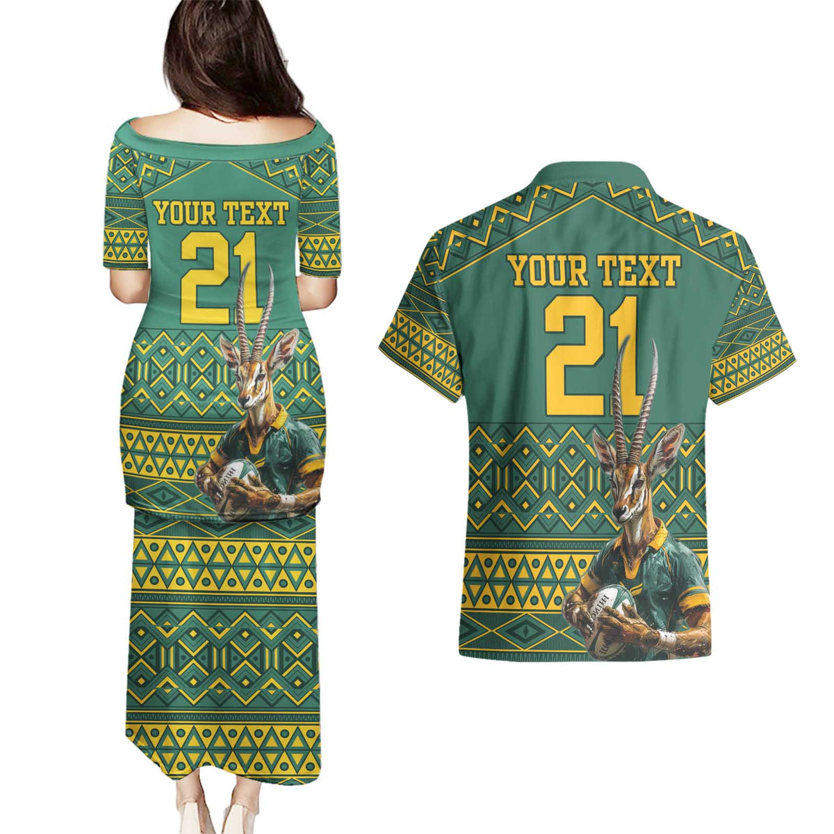 Custom South Africa Rugby Bokke Mascot Couples Matching Puletasi and Hawaiian Shirt With Flag Style LT9 - Wonder Print Shop
