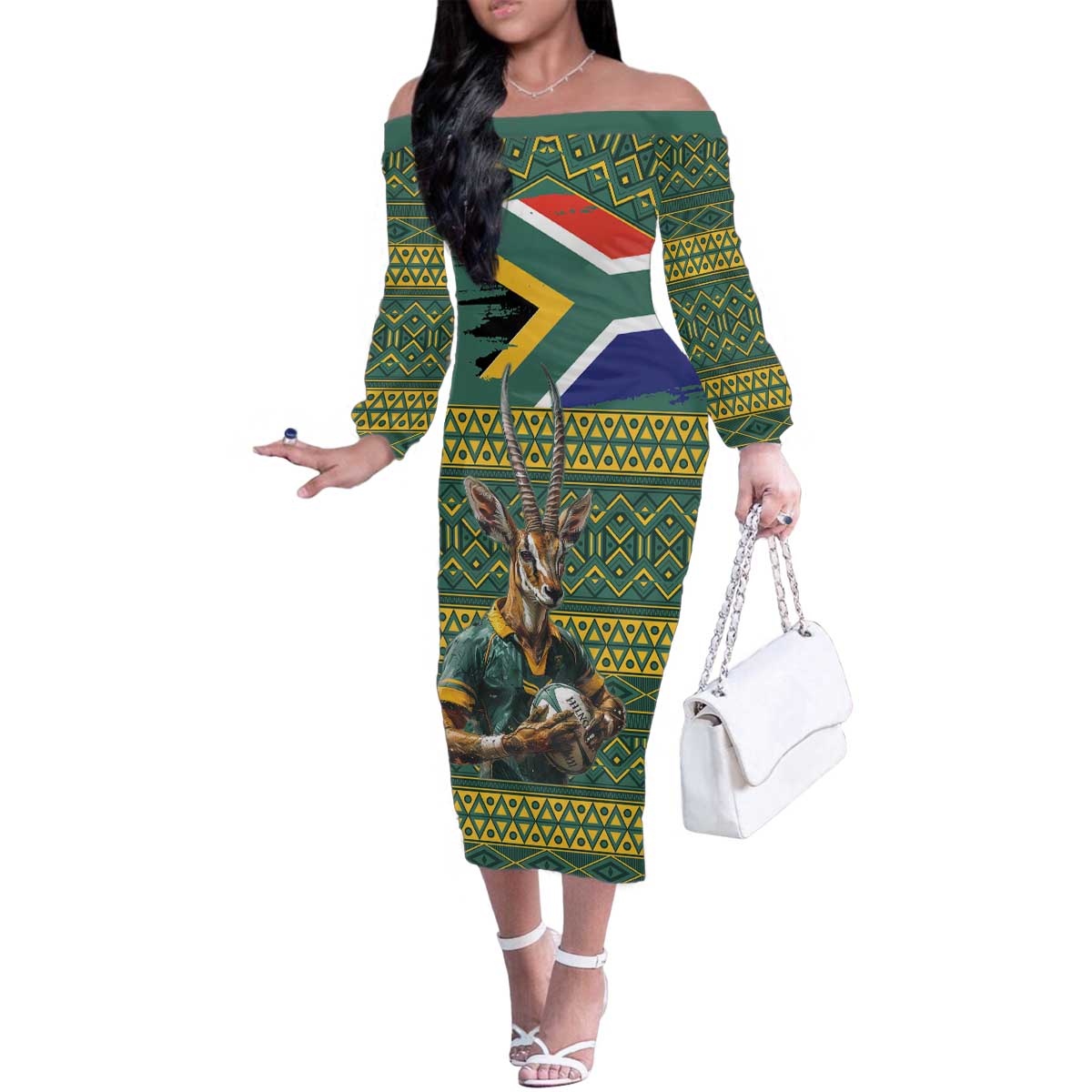 Custom South Africa Rugby Bokke Mascot Family Matching Off The Shoulder Long Sleeve Dress and Hawaiian Shirt With Flag Style - Wonder Print Shop