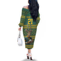 Custom South Africa Rugby Bokke Mascot Family Matching Off The Shoulder Long Sleeve Dress and Hawaiian Shirt With Flag Style - Wonder Print Shop