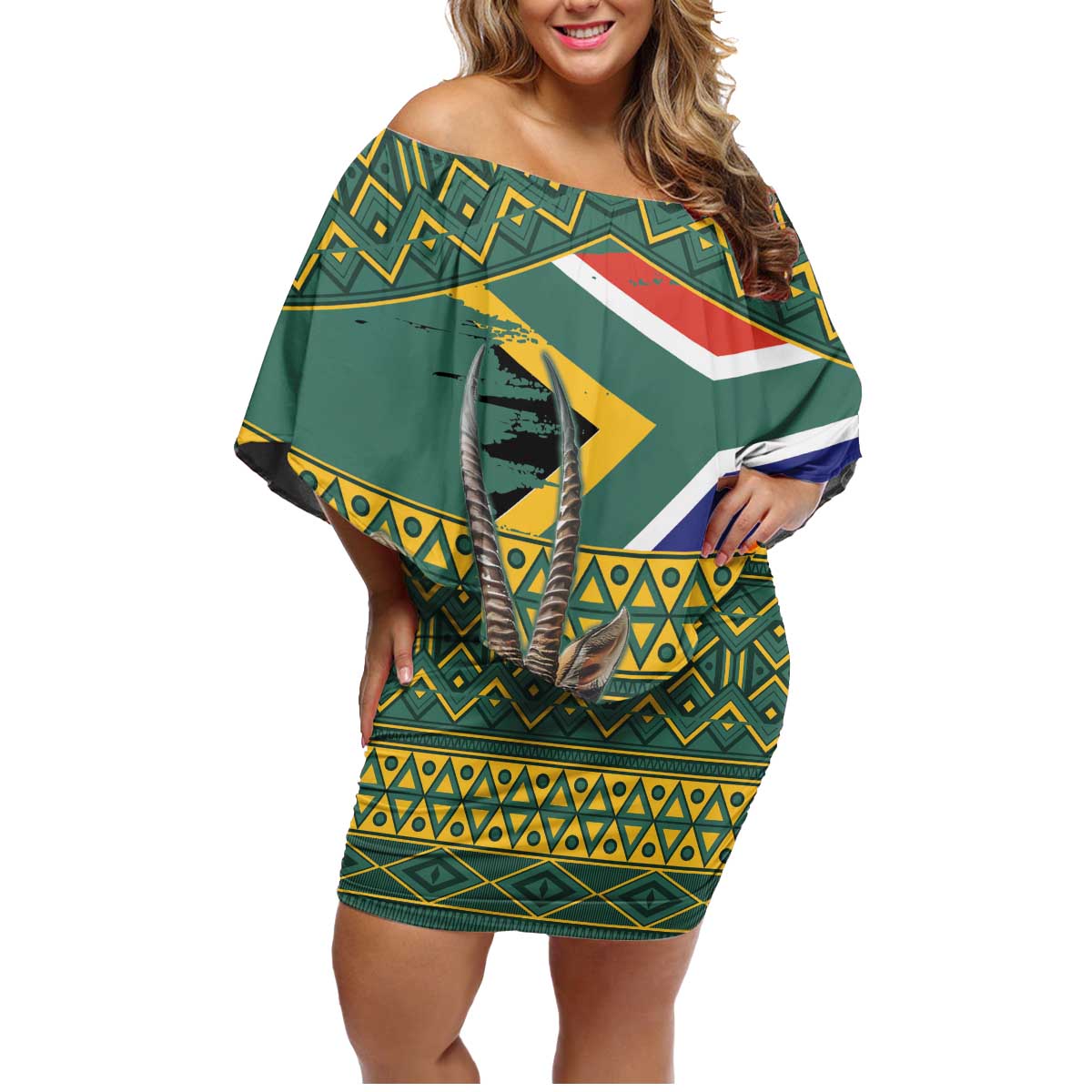 Custom South Africa Rugby Bokke Mascot Family Matching Off Shoulder Short Dress and Hawaiian Shirt With Flag Style LT9 - Wonder Print Shop