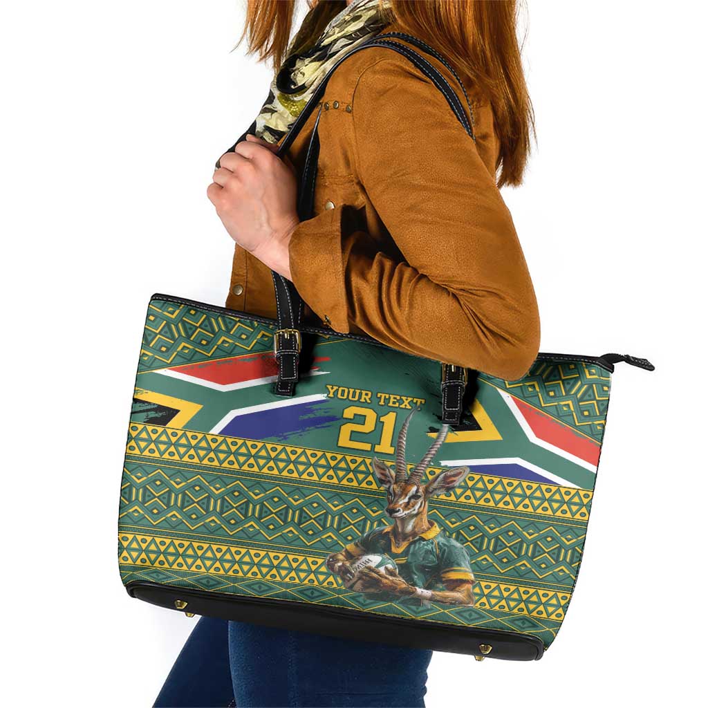 Custom South Africa Rugby Bokke Mascot Leather Tote Bag With Flag Style - Wonder Print Shop