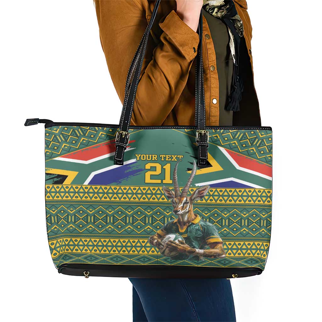 Custom South Africa Rugby Bokke Mascot Leather Tote Bag With Flag Style - Wonder Print Shop