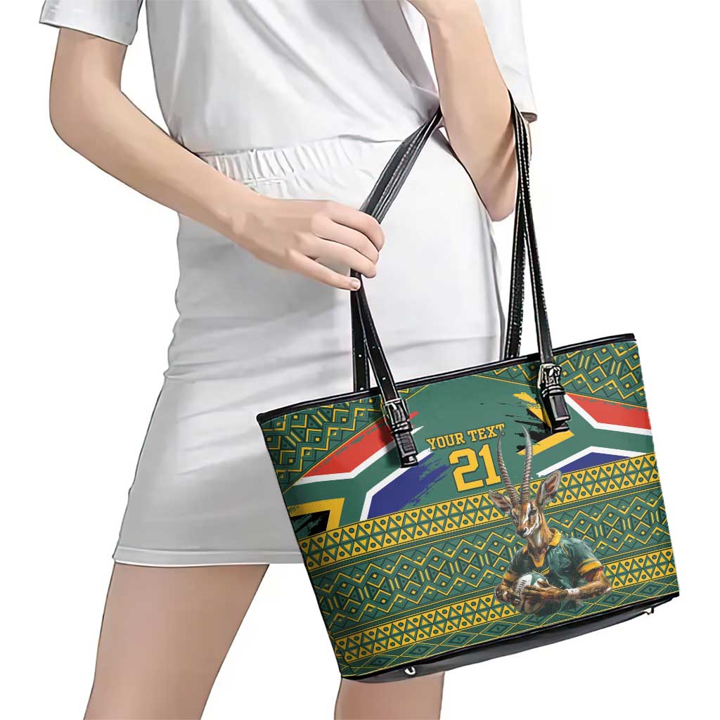 Custom South Africa Rugby Bokke Mascot Leather Tote Bag With Flag Style - Wonder Print Shop