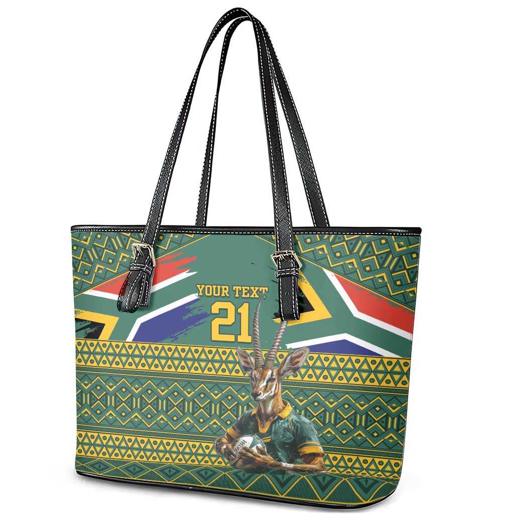 Custom South Africa Rugby Bokke Mascot Leather Tote Bag With Flag Style - Wonder Print Shop