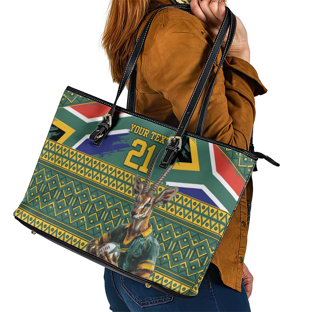 Custom South Africa Rugby Bokke Mascot Leather Tote Bag With Flag Style - Wonder Print Shop