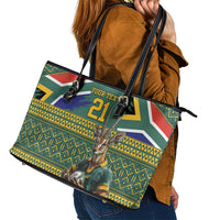 Custom South Africa Rugby Bokke Mascot Leather Tote Bag With Flag Style - Wonder Print Shop