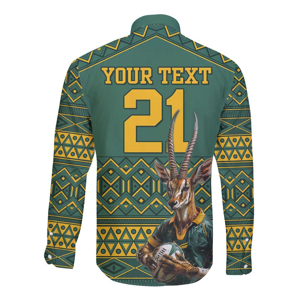 Custom South Africa Rugby Bokke Mascot Long Sleeve Button Shirt With Flag Style - Wonder Print Shop