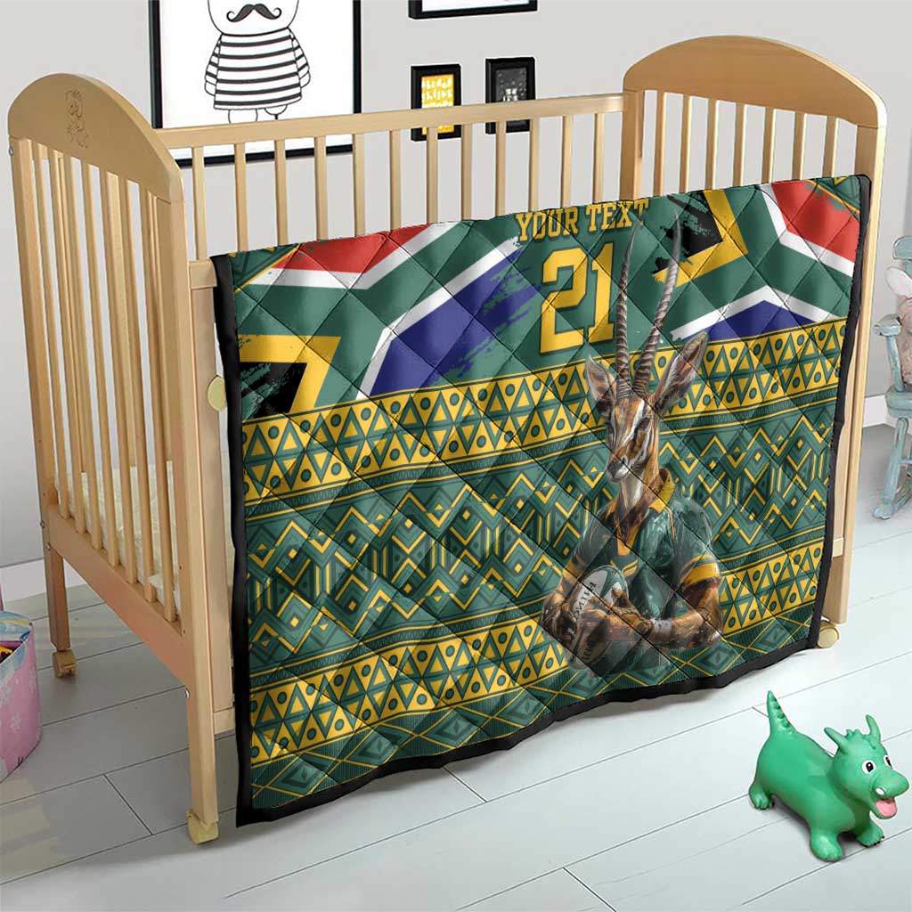 Custom South Africa Rugby Bokke Mascot Quilt With Flag Style - Wonder Print Shop