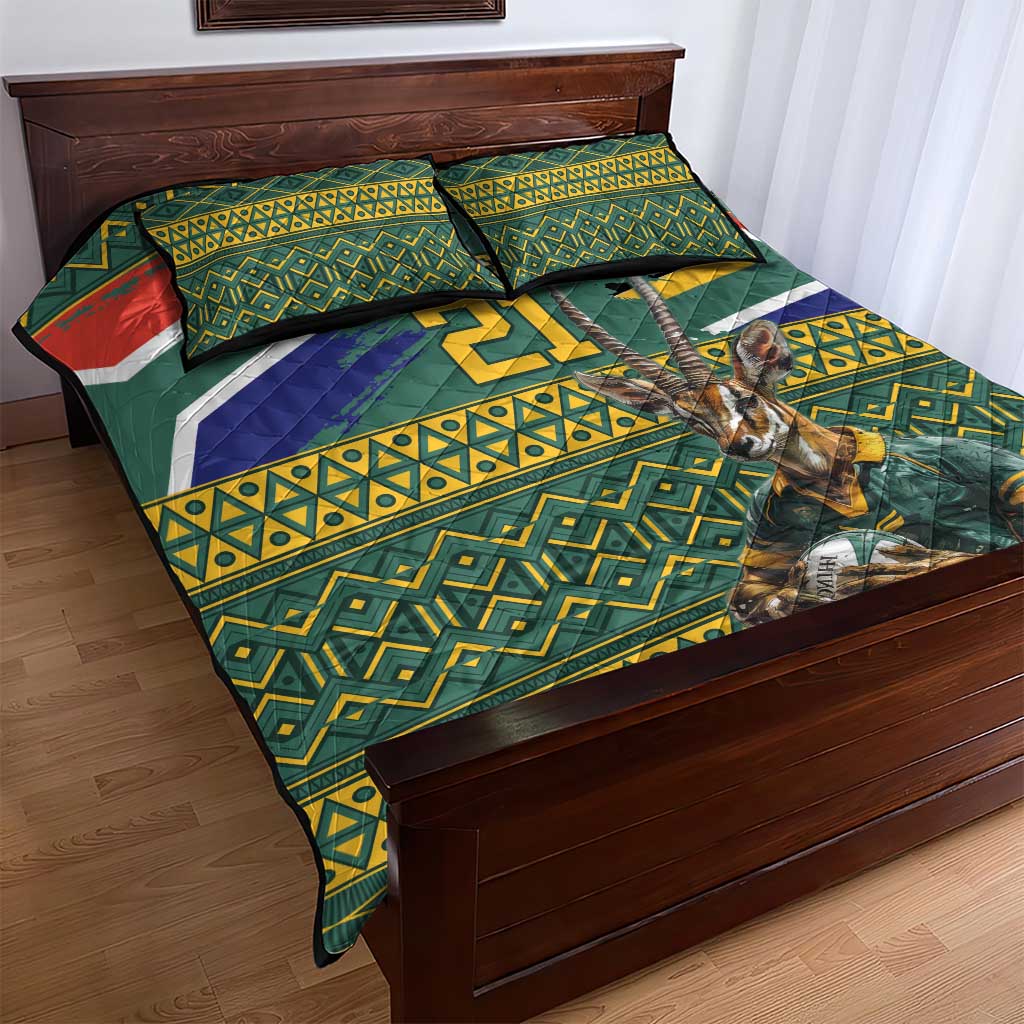 Custom South Africa Rugby Bokke Mascot Quilt Bed Set With Flag Style - Wonder Print Shop