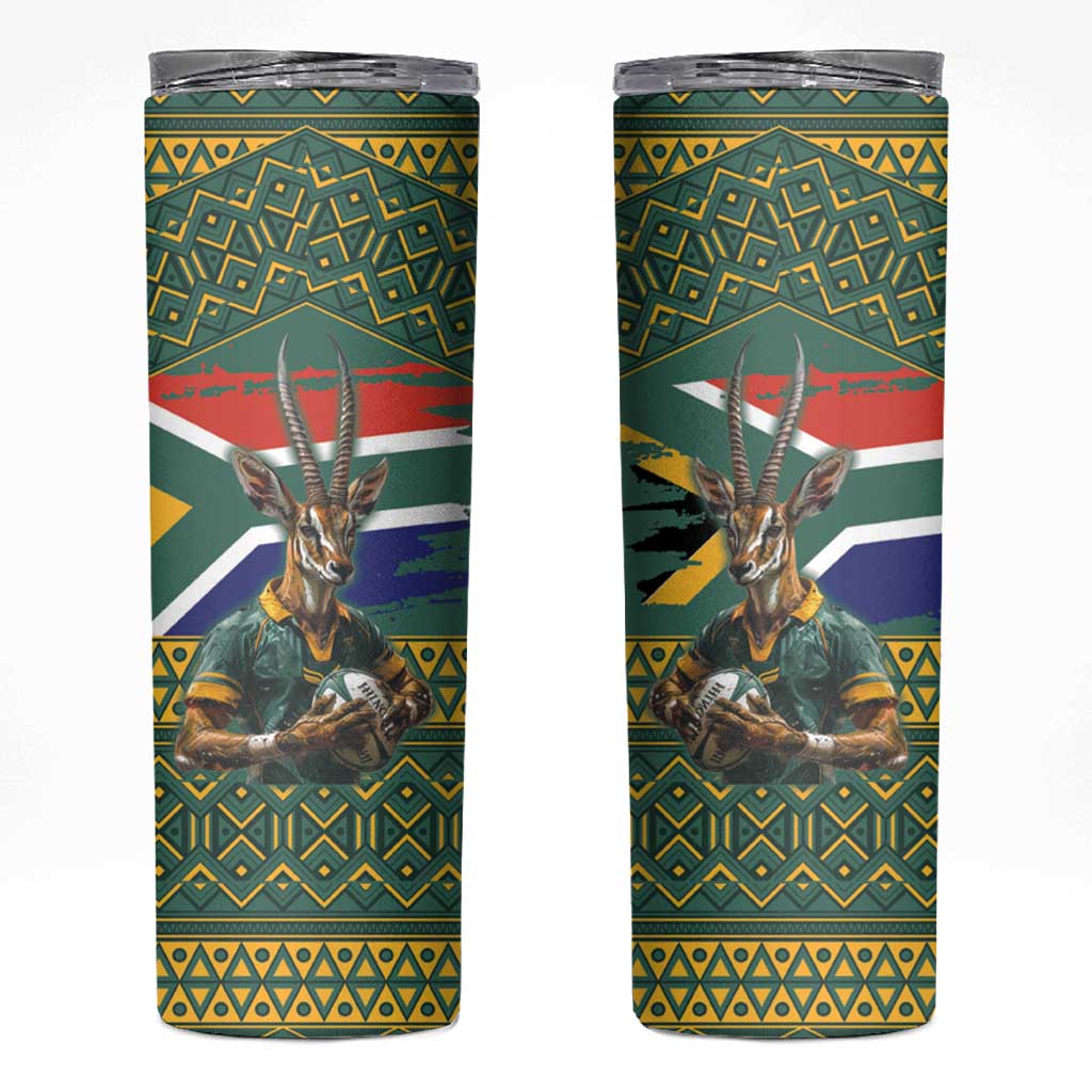 Custom South Africa Rugby Bokke Mascot Skinny Tumbler With Flag Style - Wonder Print Shop