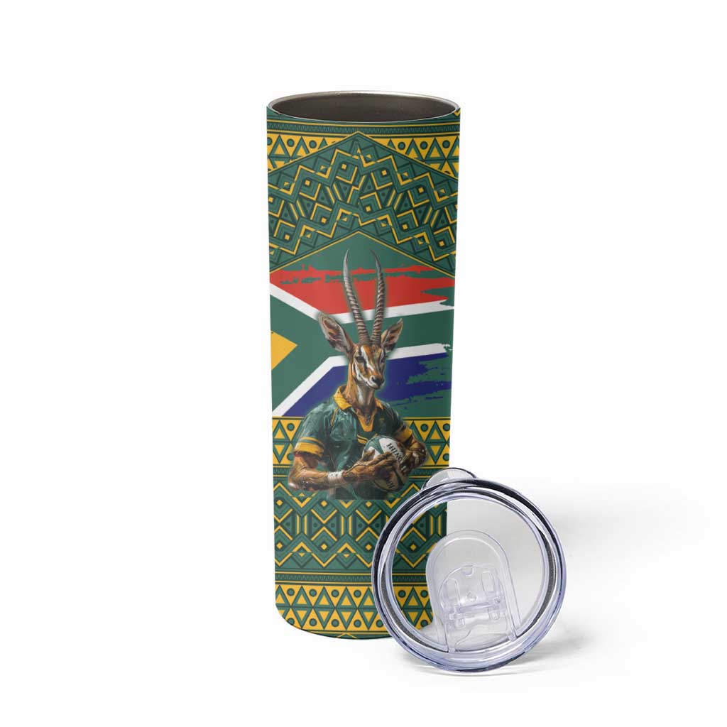 Custom South Africa Rugby Bokke Mascot Skinny Tumbler With Flag Style - Wonder Print Shop