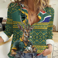 Custom South Africa Rugby Bokke Mascot Women Casual Shirt With Flag Style - Wonder Print Shop