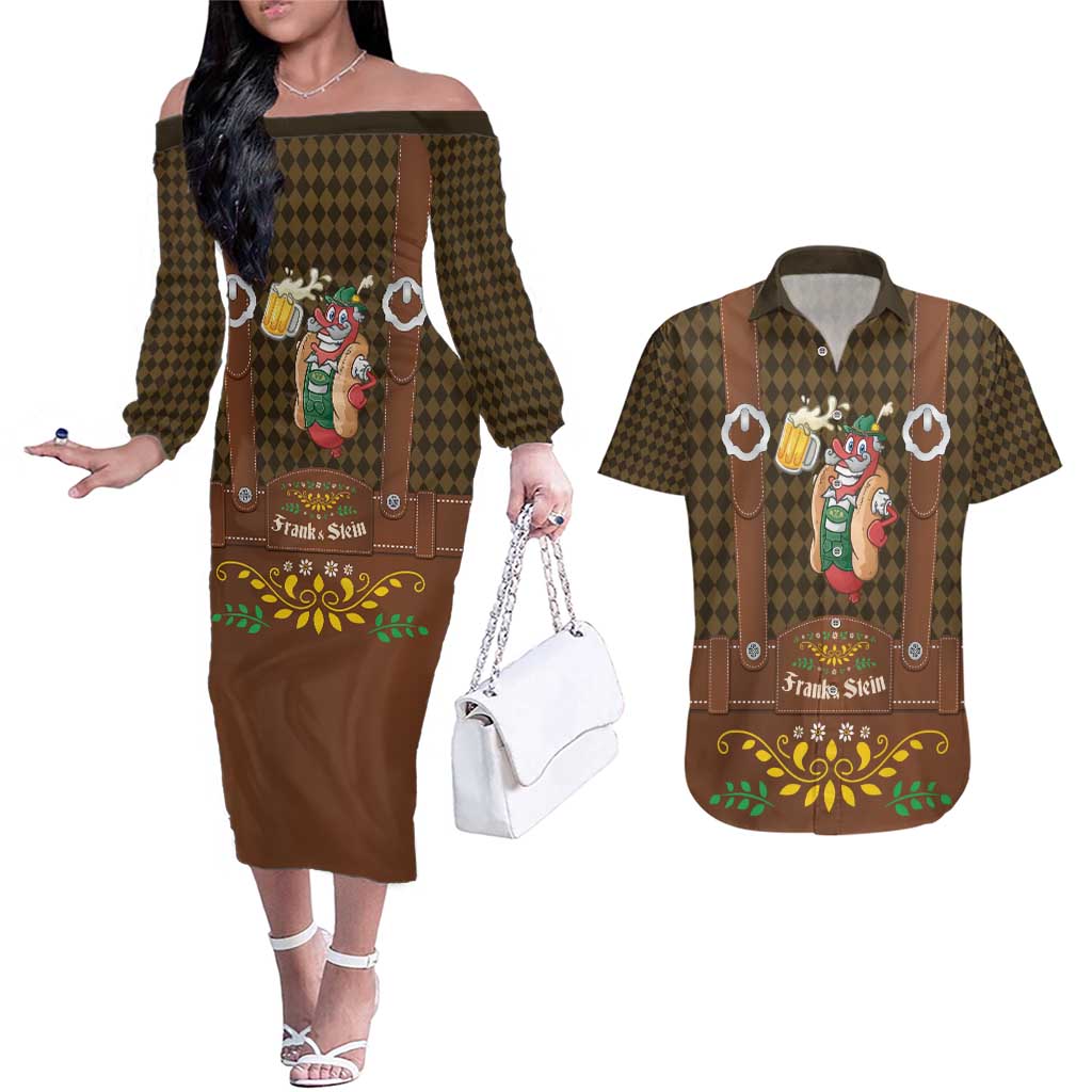 Frank & Stein Oktoberfest Couples Matching Off The Shoulder Long Sleeve Dress and Hawaiian Shirt Beer Festival German Bavarian - Wonder Print Shop