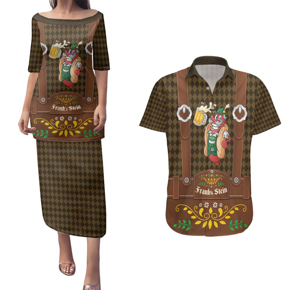 Frank & Stein Oktoberfest Couples Matching Puletasi and Hawaiian Shirt Beer Festival German Bavarian - Wonder Print Shop