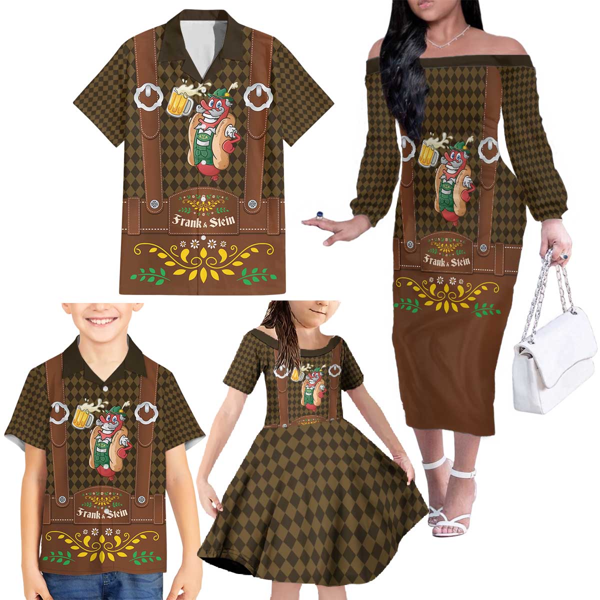 Frank & Stein Oktoberfest Family Matching Off The Shoulder Long Sleeve Dress and Hawaiian Shirt Beer Festival German Bavarian - Wonder Print Shop