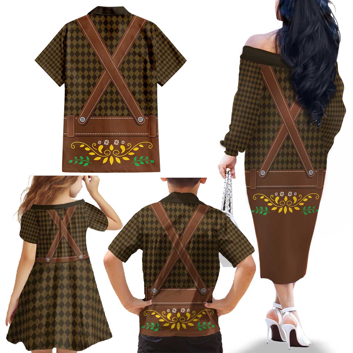 Frank & Stein Oktoberfest Family Matching Off The Shoulder Long Sleeve Dress and Hawaiian Shirt Beer Festival German Bavarian - Wonder Print Shop
