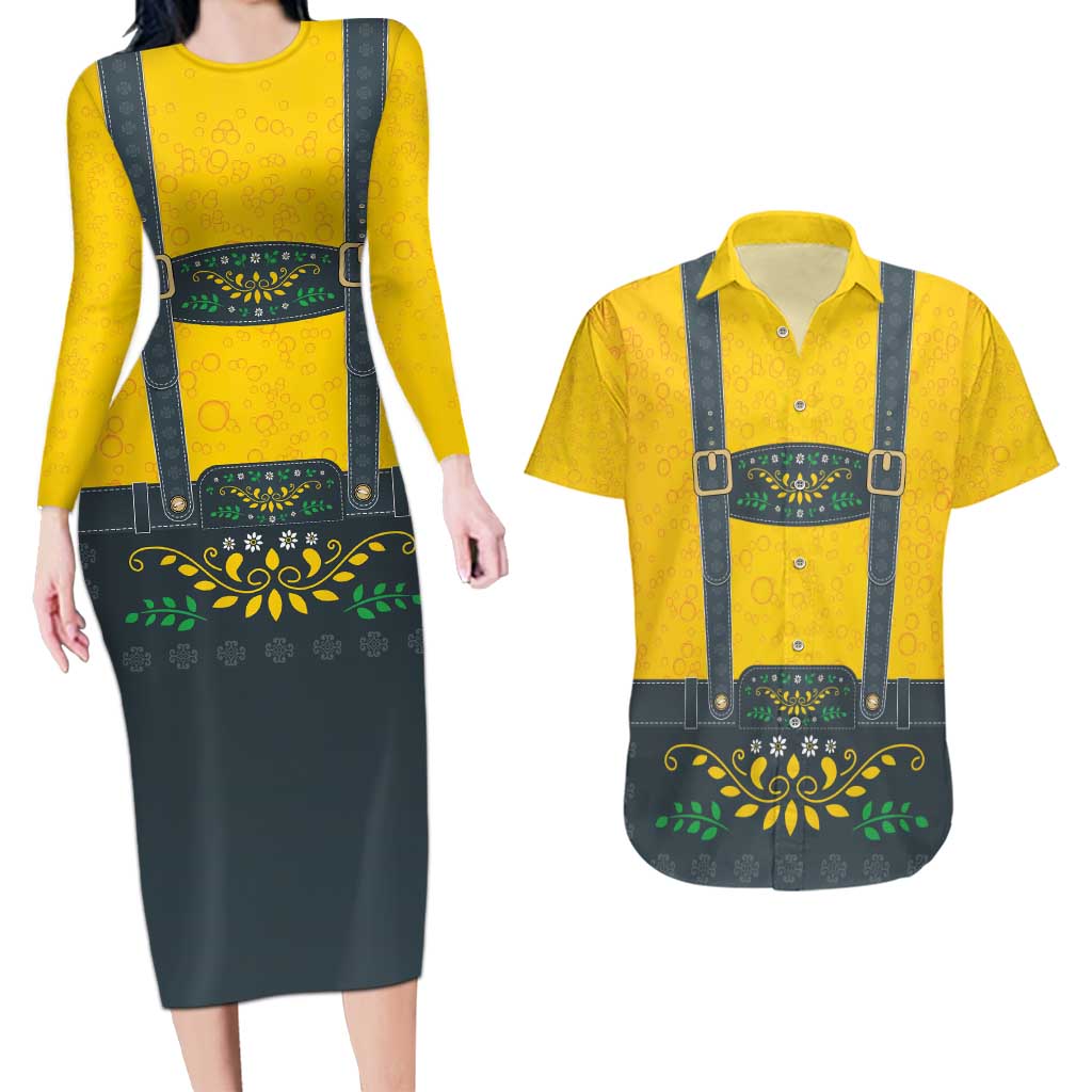 Lederhosen Oktoberfest Couples Matching Long Sleeve Bodycon Dress and Hawaiian Shirt Bavarian Beer Time - Wonder Print Shop