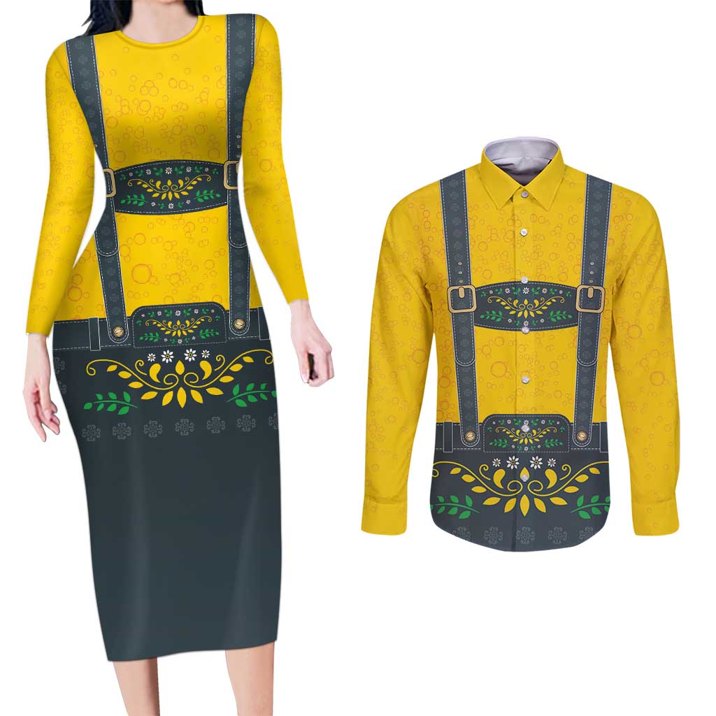 Lederhosen Oktoberfest Couples Matching Long Sleeve Bodycon Dress and Long Sleeve Button Shirt Bavarian Beer Time - Wonder Print Shop
