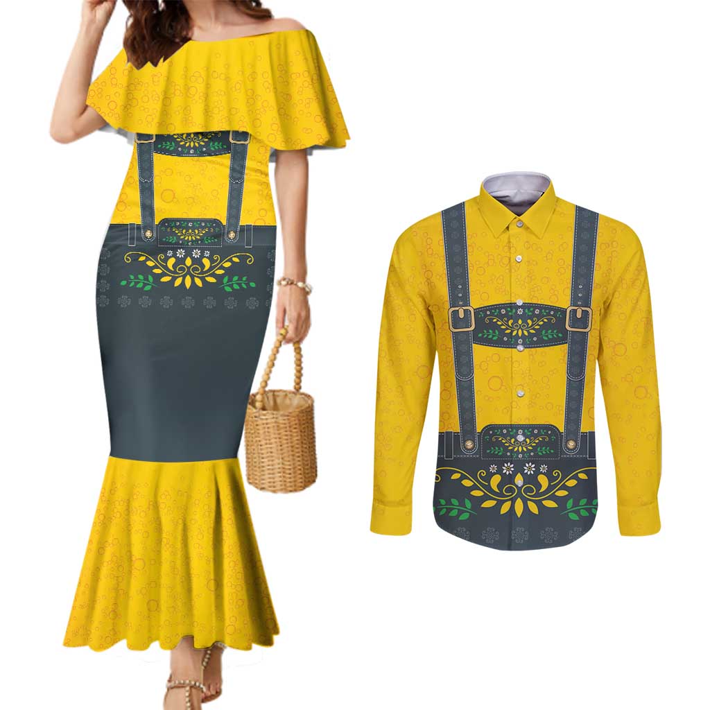 Lederhosen Oktoberfest Couples Matching Mermaid Dress and Long Sleeve Button Shirt Bavarian Beer Time - Wonder Print Shop