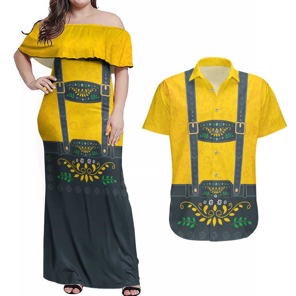 Lederhosen Oktoberfest Couples Matching Off Shoulder Maxi Dress and Hawaiian Shirt Bavarian Beer Time - Wonder Print Shop