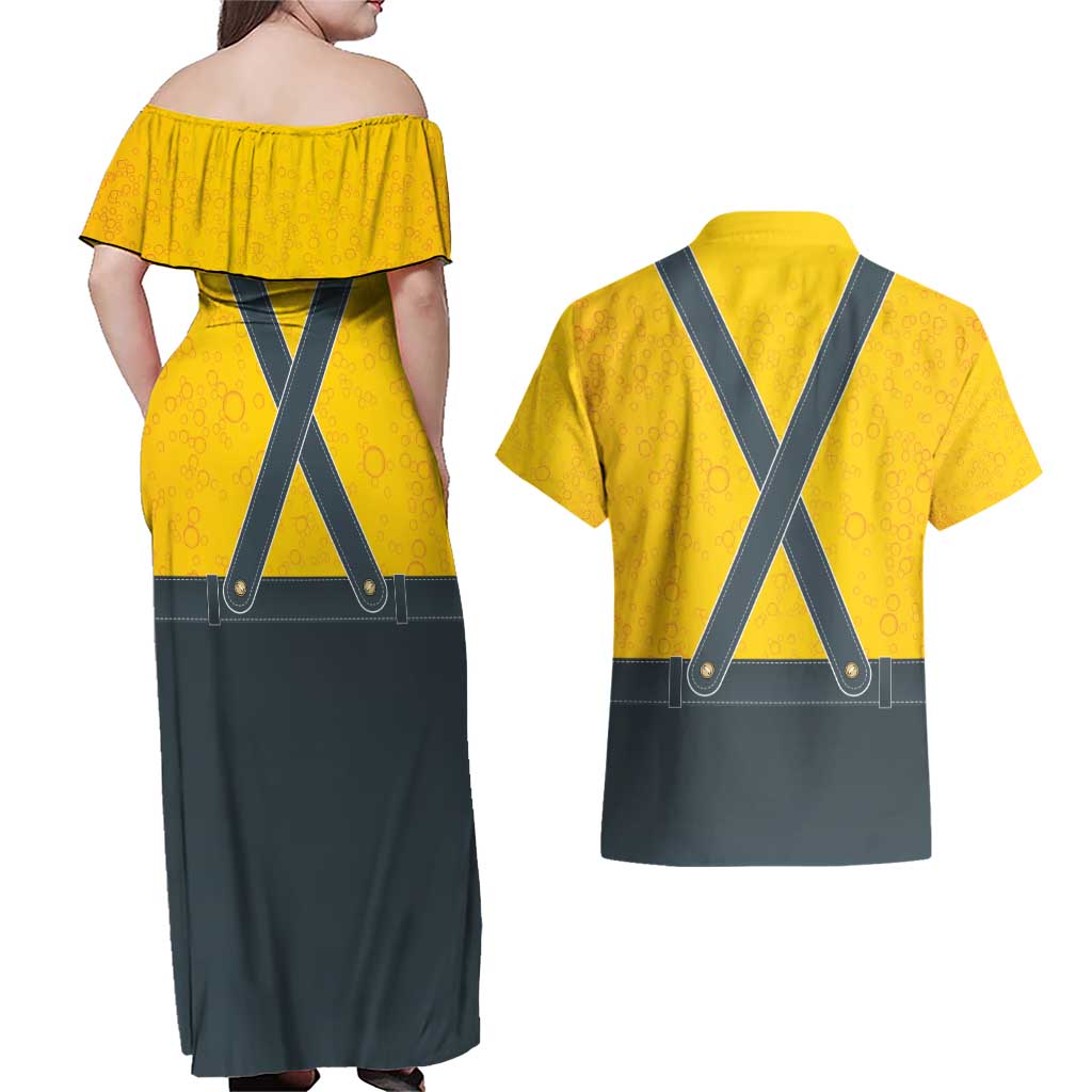 Lederhosen Oktoberfest Couples Matching Off Shoulder Maxi Dress and Hawaiian Shirt Bavarian Beer Time - Wonder Print Shop