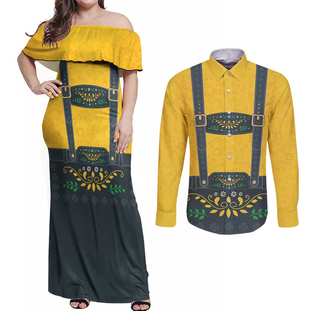 Lederhosen Oktoberfest Couples Matching Off Shoulder Maxi Dress and Long Sleeve Button Shirt Bavarian Beer Time - Wonder Print Shop