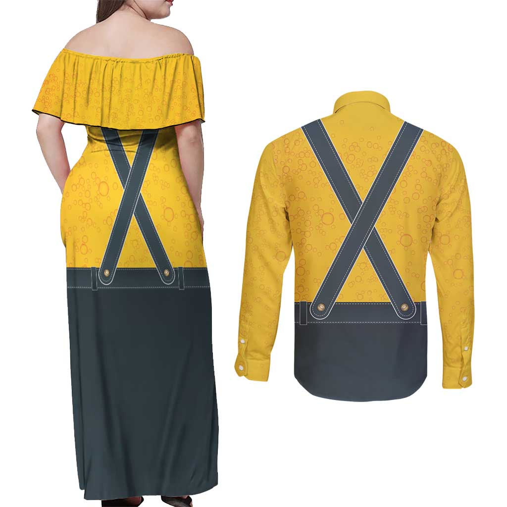 Lederhosen Oktoberfest Couples Matching Off Shoulder Maxi Dress and Long Sleeve Button Shirt Bavarian Beer Time - Wonder Print Shop