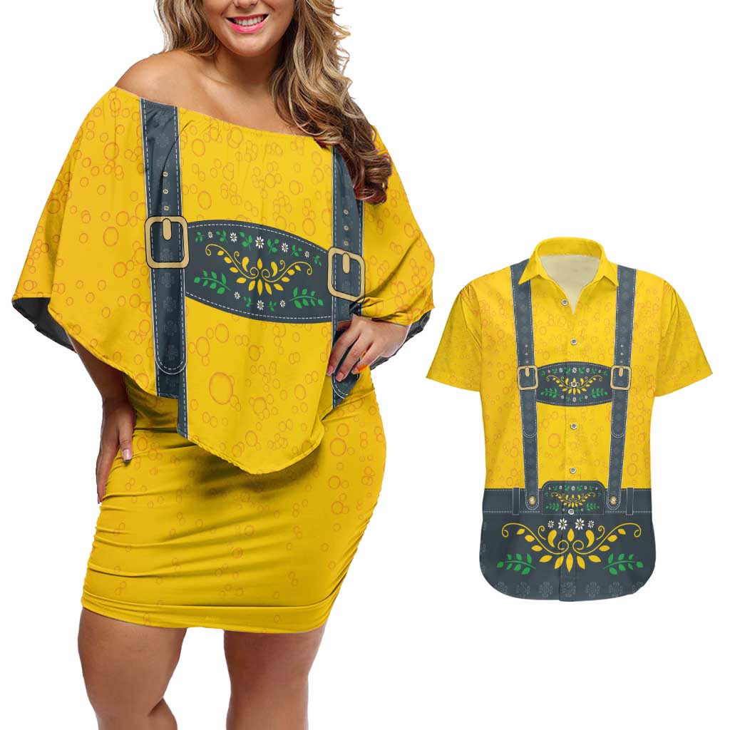 Lederhosen Oktoberfest Couples Matching Off Shoulder Short Dress and Hawaiian Shirt Bavarian Beer Time - Wonder Print Shop