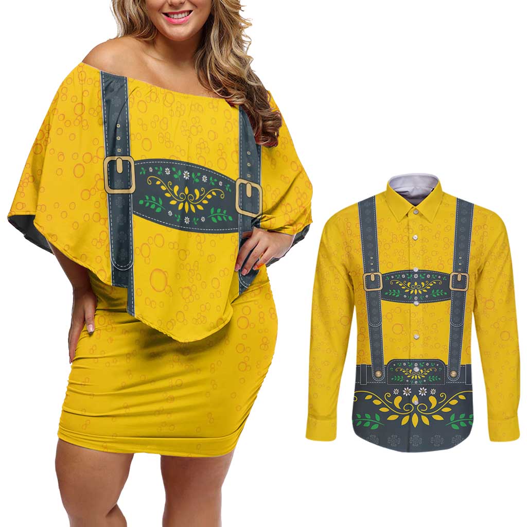 Lederhosen Oktoberfest Couples Matching Off Shoulder Short Dress and Long Sleeve Button Shirt Bavarian Beer Time - Wonder Print Shop