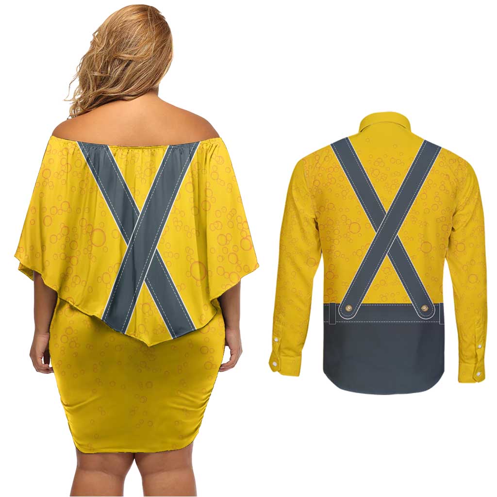 Lederhosen Oktoberfest Couples Matching Off Shoulder Short Dress and Long Sleeve Button Shirt Bavarian Beer Time - Wonder Print Shop