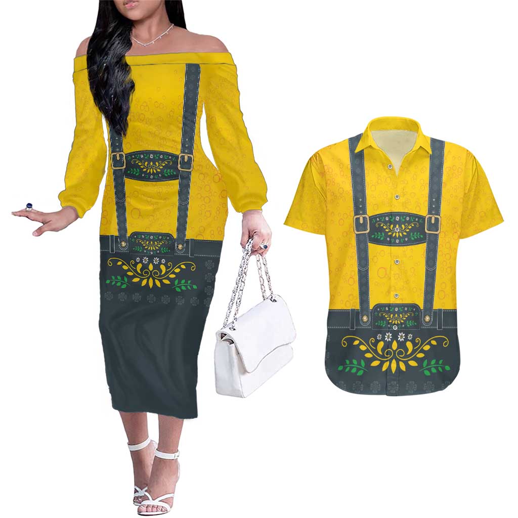 Lederhosen Oktoberfest Couples Matching Off The Shoulder Long Sleeve Dress and Hawaiian Shirt Bavarian Beer Time - Wonder Print Shop