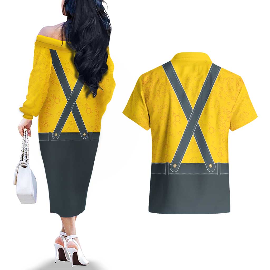 Lederhosen Oktoberfest Couples Matching Off The Shoulder Long Sleeve Dress and Hawaiian Shirt Bavarian Beer Time - Wonder Print Shop