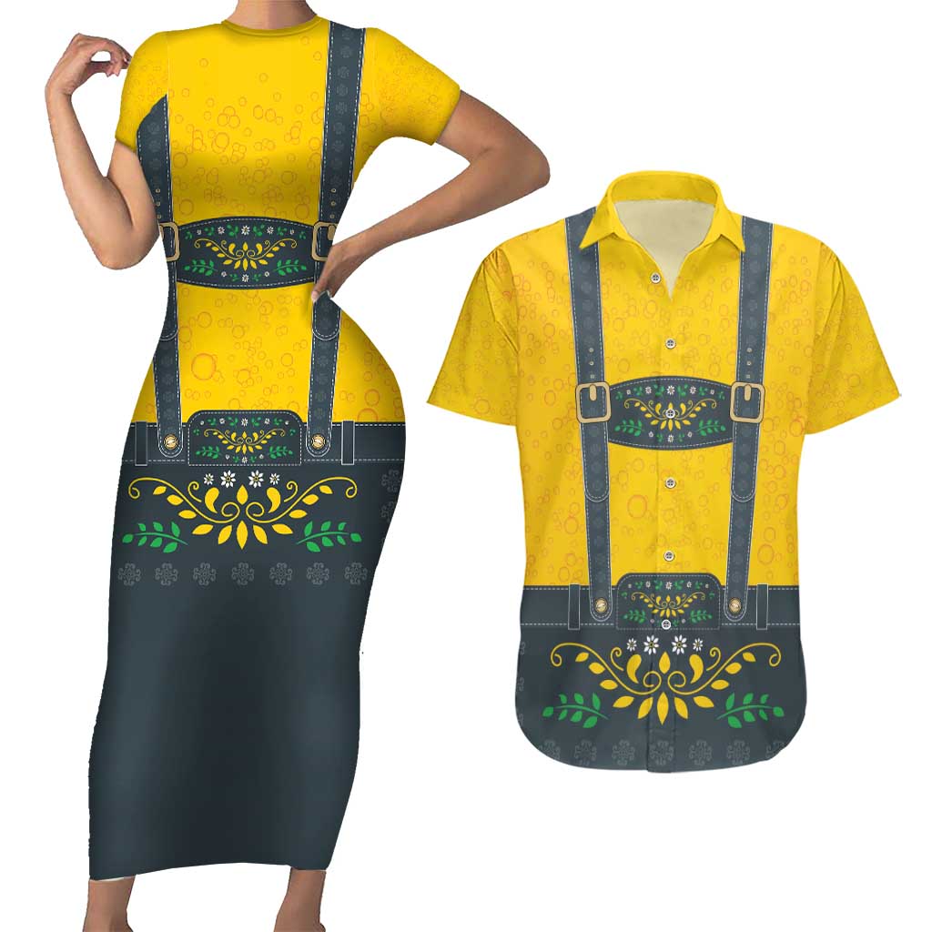 Lederhosen Oktoberfest Couples Matching Short Sleeve Bodycon Dress and Hawaiian Shirt Bavarian Beer Time - Wonder Print Shop