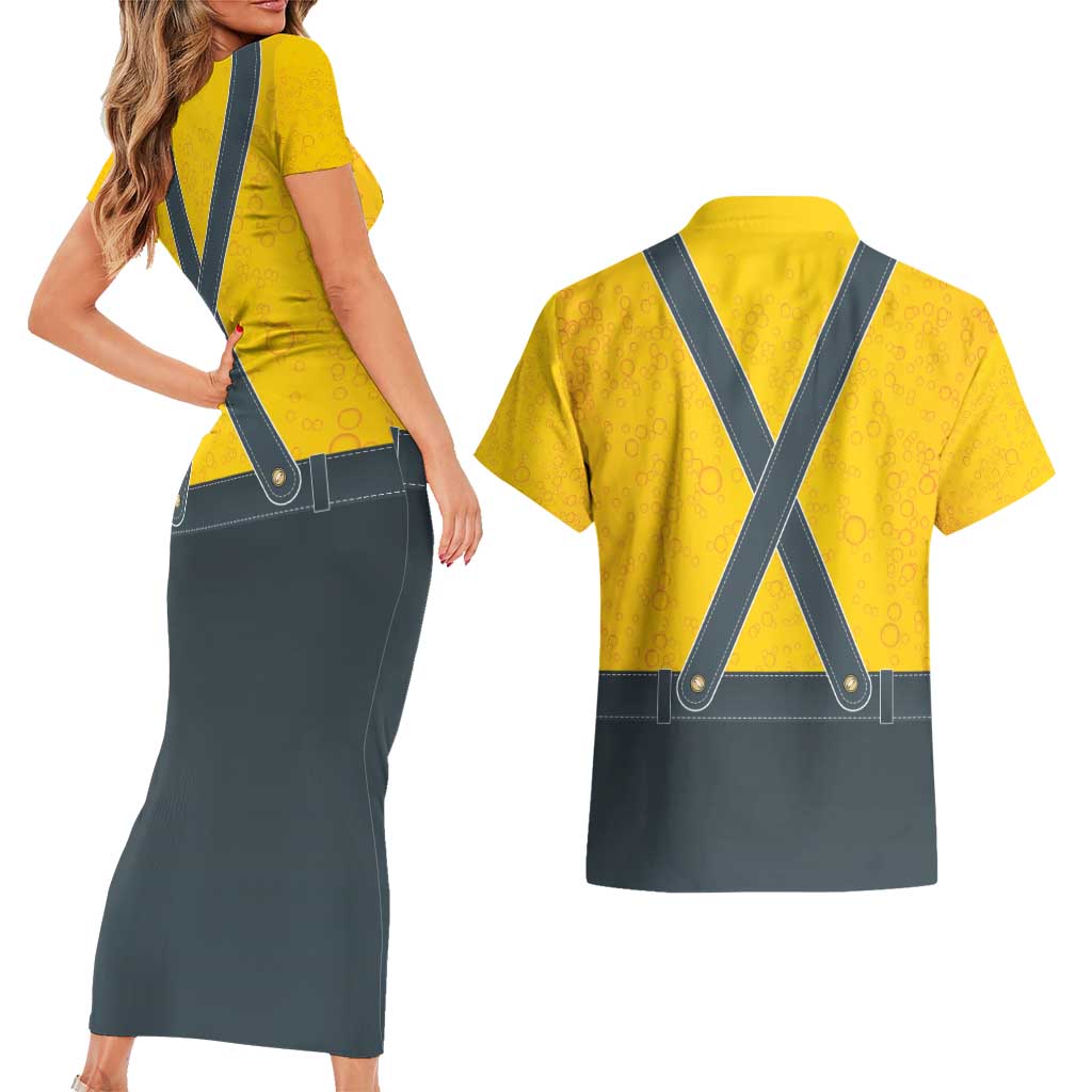 Lederhosen Oktoberfest Couples Matching Short Sleeve Bodycon Dress and Hawaiian Shirt Bavarian Beer Time - Wonder Print Shop