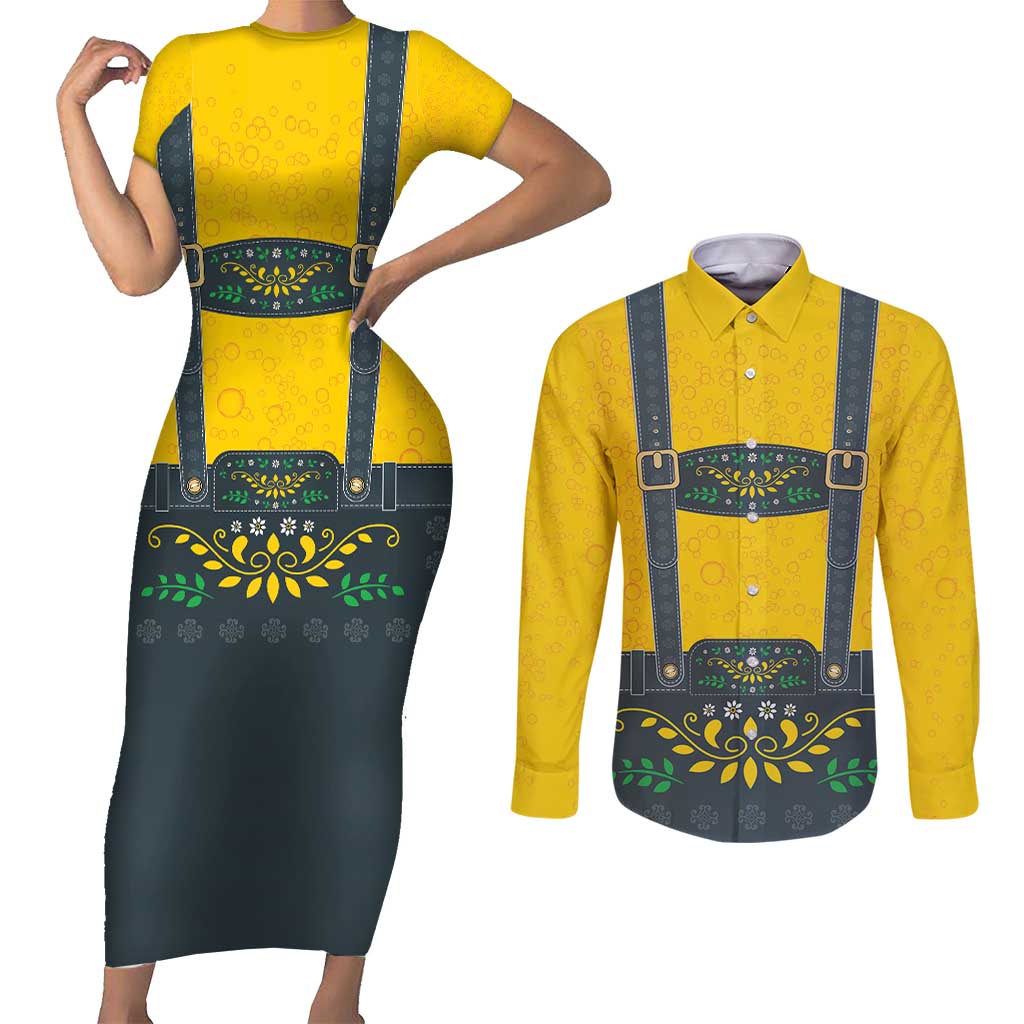 Lederhosen Oktoberfest Couples Matching Short Sleeve Bodycon Dress and Long Sleeve Button Shirt Bavarian Beer Time - Wonder Print Shop