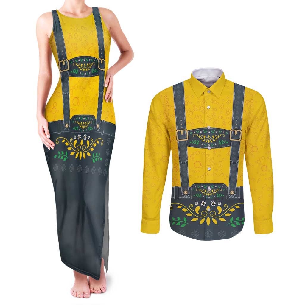 Lederhosen Oktoberfest Couples Matching Tank Maxi Dress and Long Sleeve Button Shirt Bavarian Beer Time - Wonder Print Shop