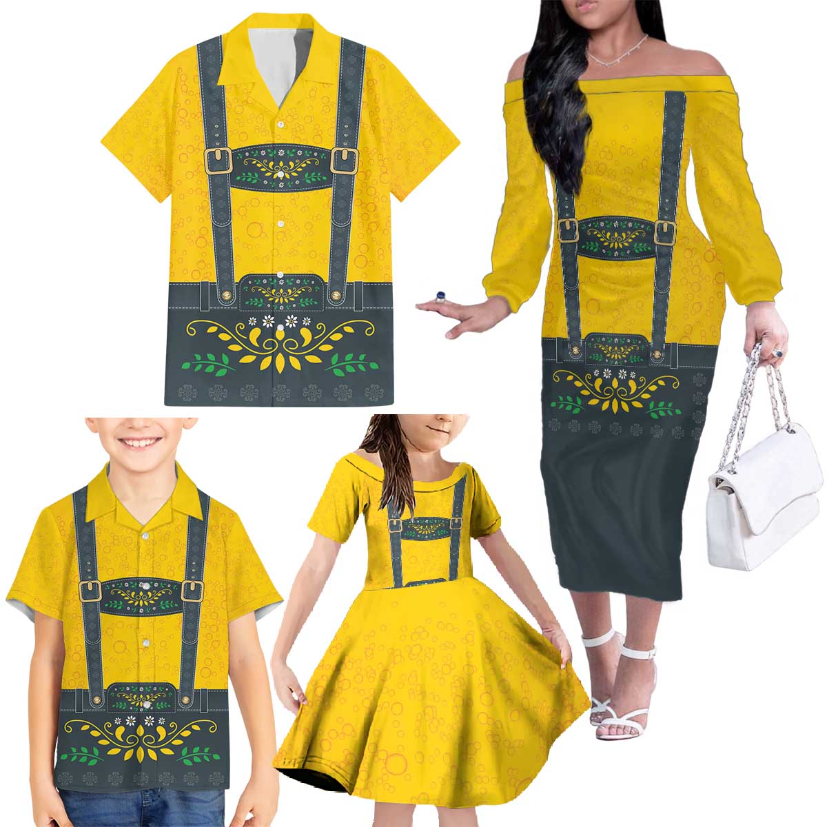 Lederhosen Oktoberfest Family Matching Off The Shoulder Long Sleeve Dress and Hawaiian Shirt Bavarian Beer Time - Wonder Print Shop