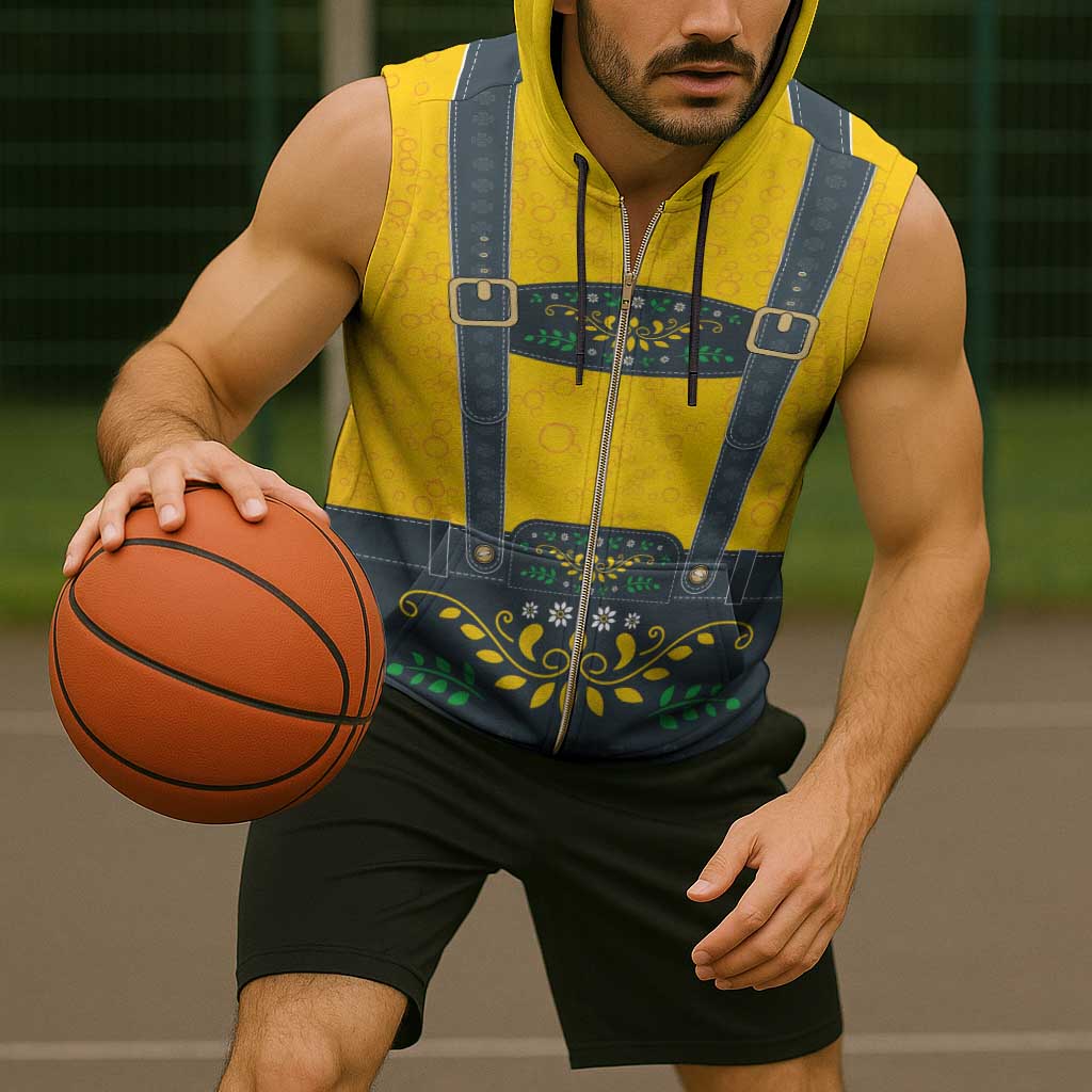 Lederhosen Oktoberfest Sleeveless Zip Hoodie Bavarian Beer Time - Wonder Print Shop