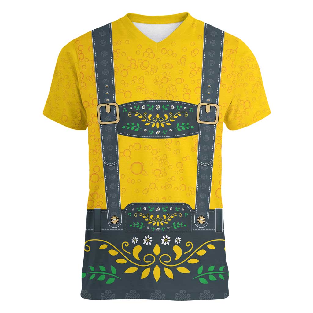 Lederhosen Oktoberfest Women V-Neck T-Shirt Bavarian Beer Time - Wonder Print Shop