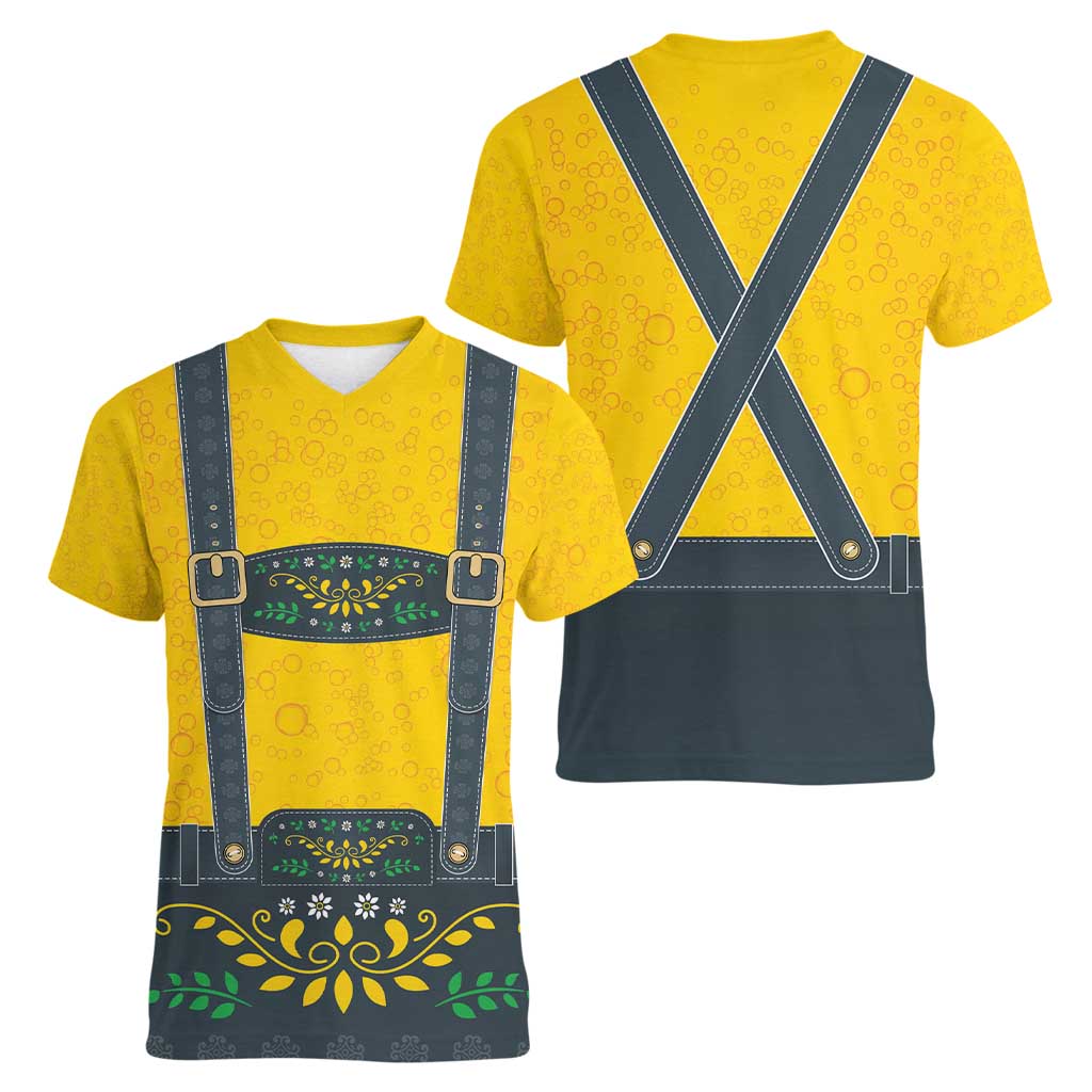 Lederhosen Oktoberfest Women V-Neck T-Shirt Bavarian Beer Time - Wonder Print Shop