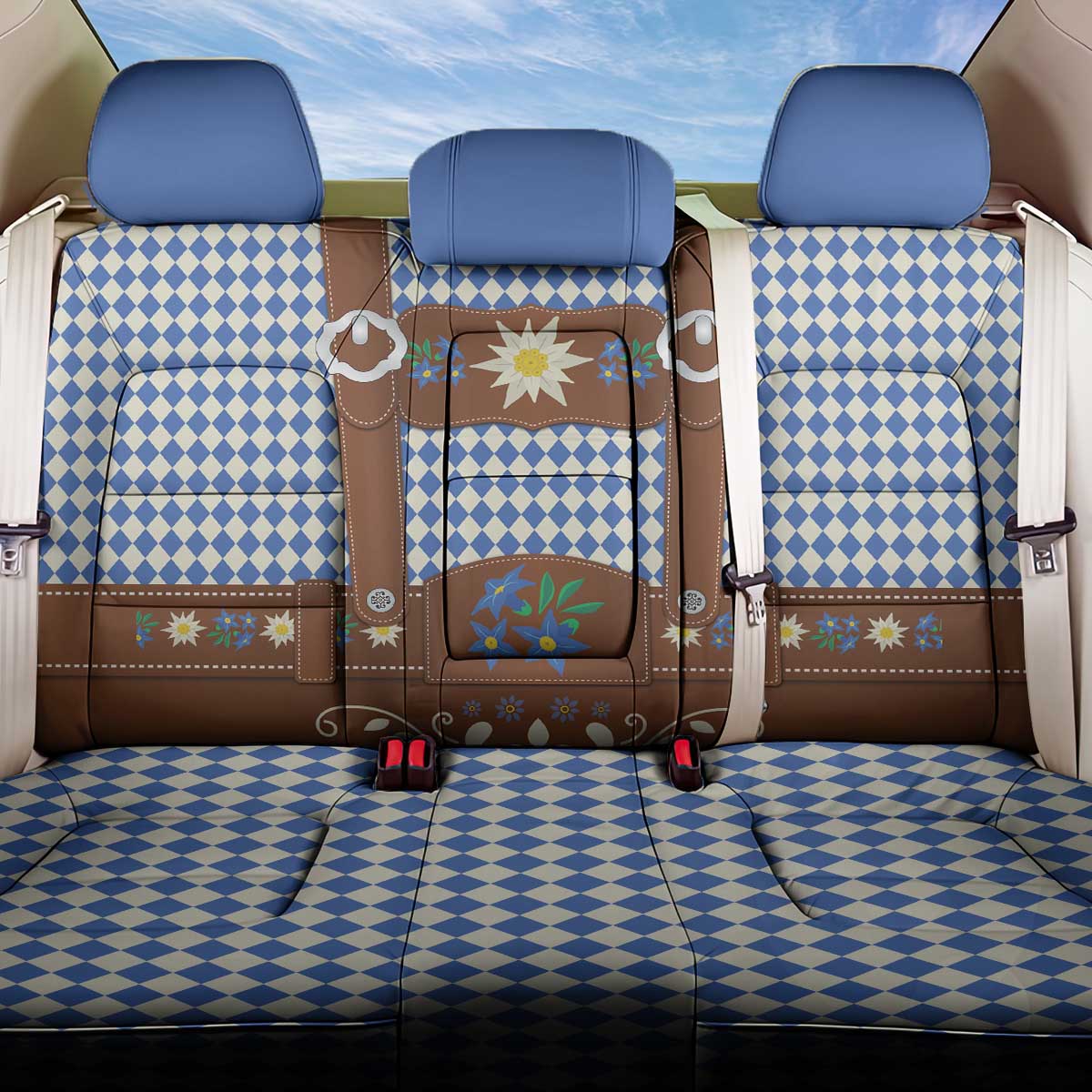 Lederhosen Oktoberfest Back Car Seat Cover Blue Edelweiss Floral Polka Dots - Wonder Print Shop