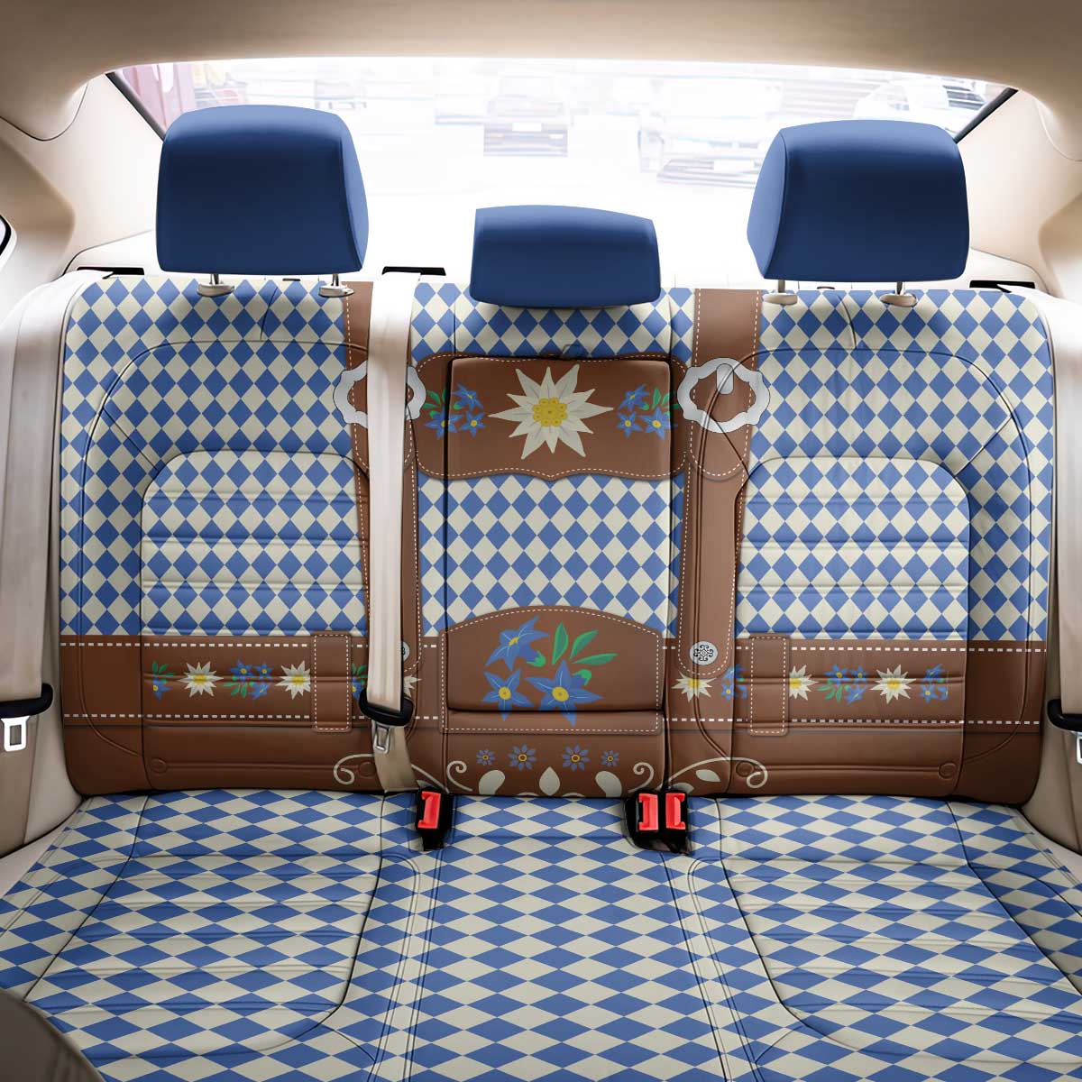 Lederhosen Oktoberfest Back Car Seat Cover Blue Edelweiss Floral Polka Dots - Wonder Print Shop