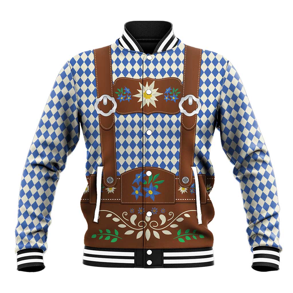 Lederhosen Oktoberfest Baseball Jacket Blue Edelweiss Floral Polka Dots - Wonder Print Shop