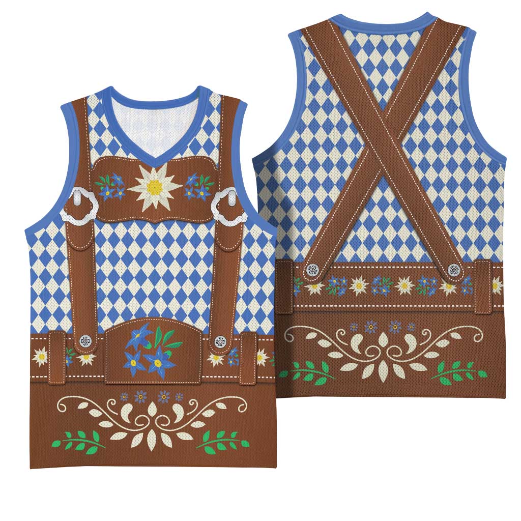 Lederhosen Oktoberfest Basketball Jersey Blue Edelweiss Floral Polka Dots - Wonder Print Shop
