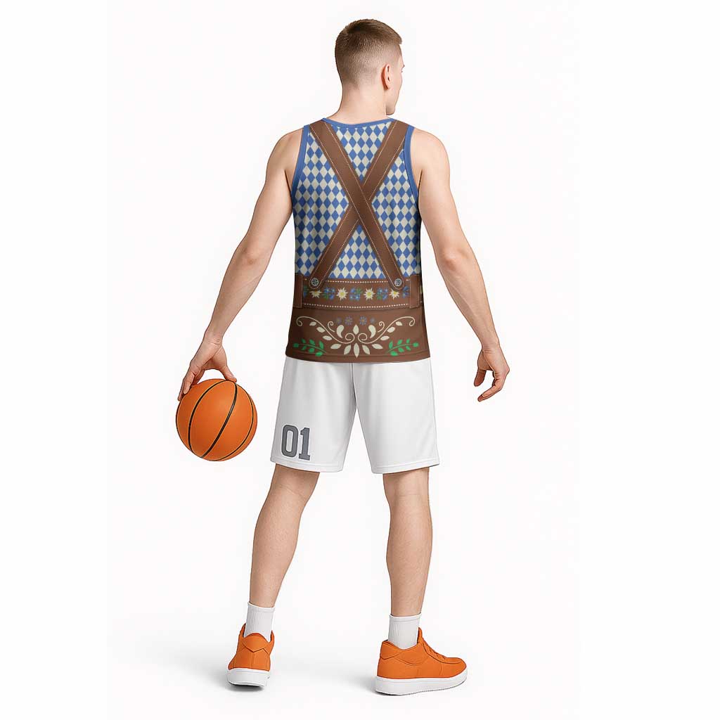 Lederhosen Oktoberfest Basketball Jersey Blue Edelweiss Floral Polka Dots - Wonder Print Shop