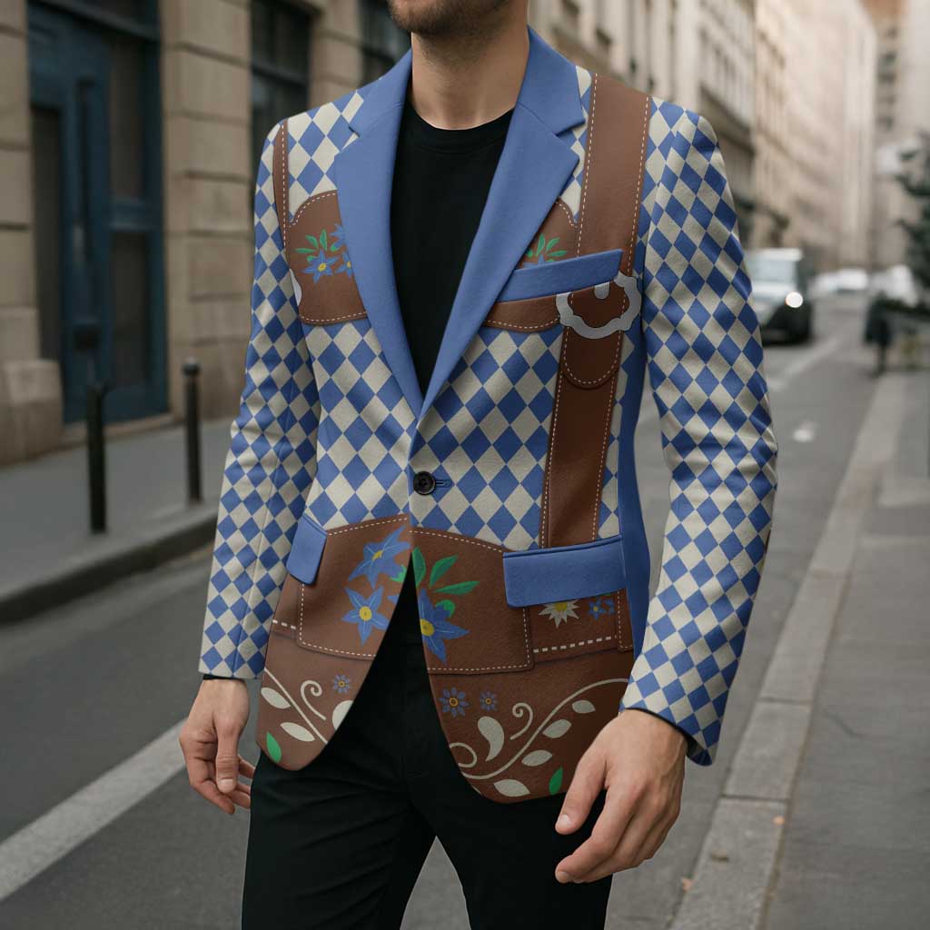 Lederhosen Oktoberfest Blazer Blue Edelweiss Floral Polka Dots - Wonder Print Shop