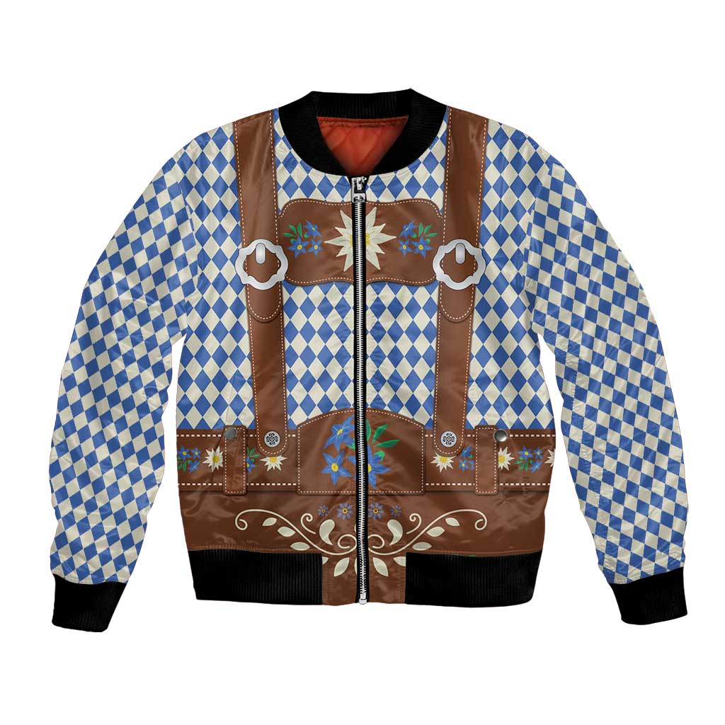 Lederhosen Oktoberfest Bomber Jacket Blue Edelweiss Floral Polka Dots - Wonder Print Shop