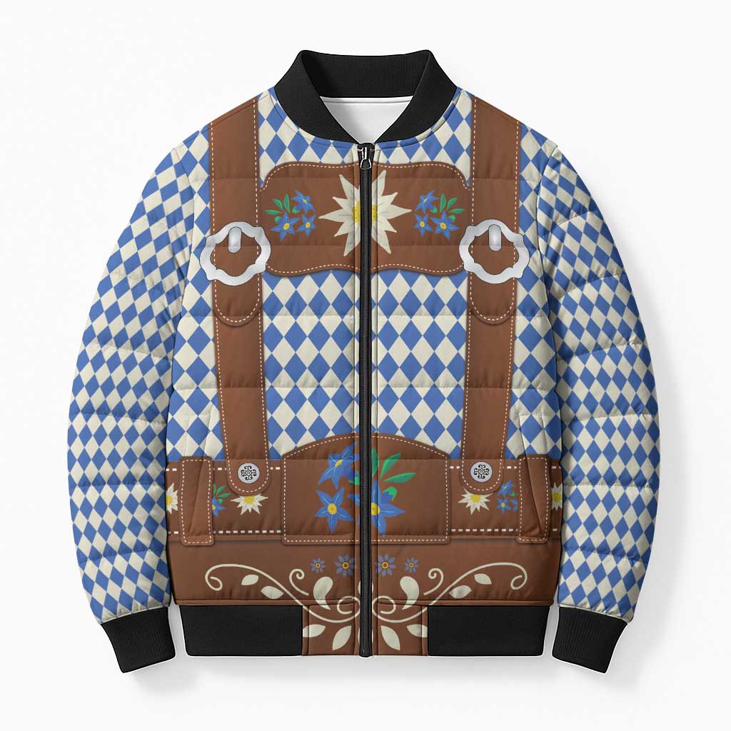 Lederhosen Oktoberfest Bomber Puffer Jacket Blue Edelweiss Floral Polka Dots - Wonder Print Shop